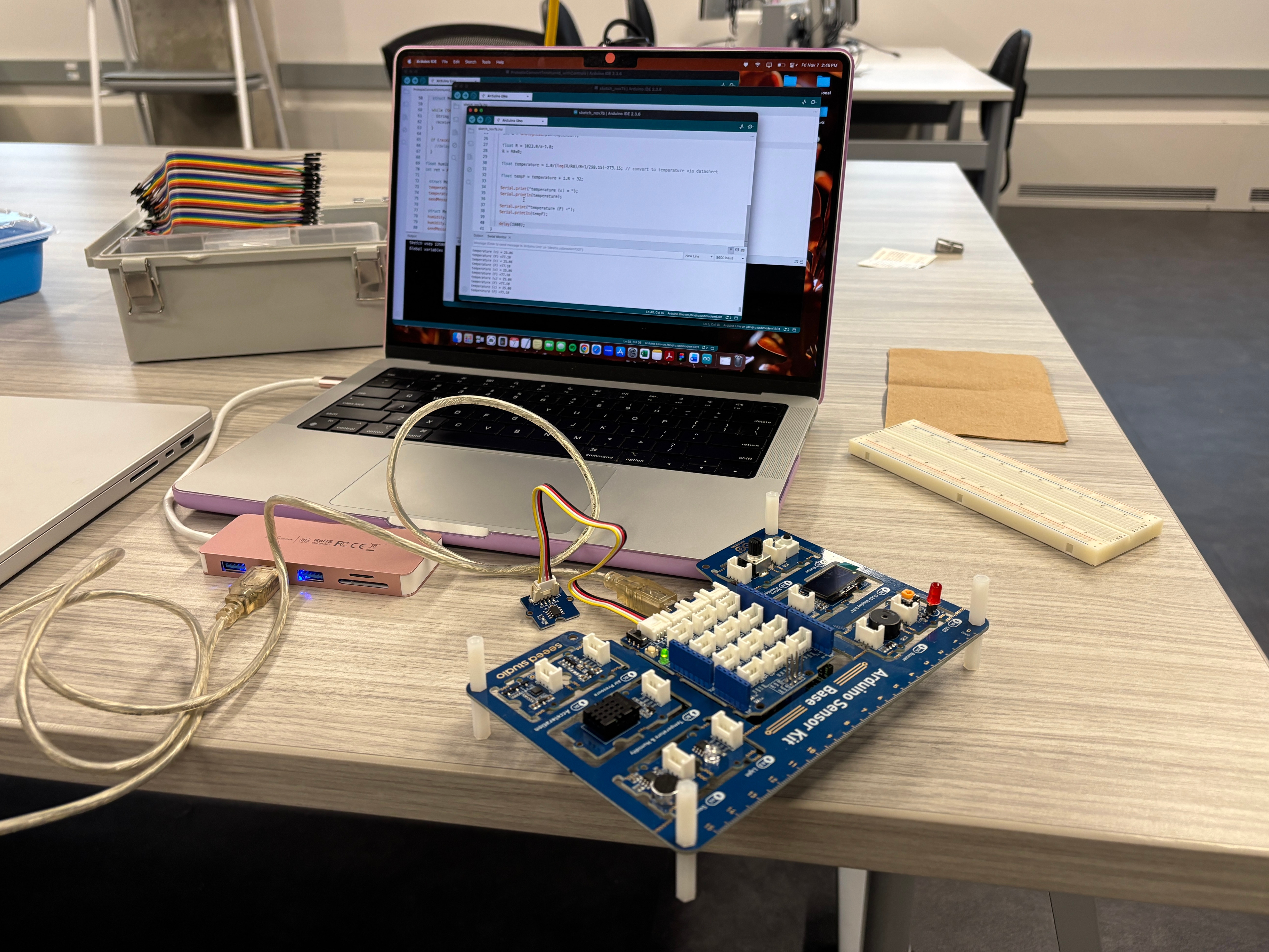 This is an image of our final testing setup once we finally got the temperature sensor to read and work as intended. Overall, the temperature sensor was much less sensitive to wiring and code issues in comparison to the pulse sensor.
