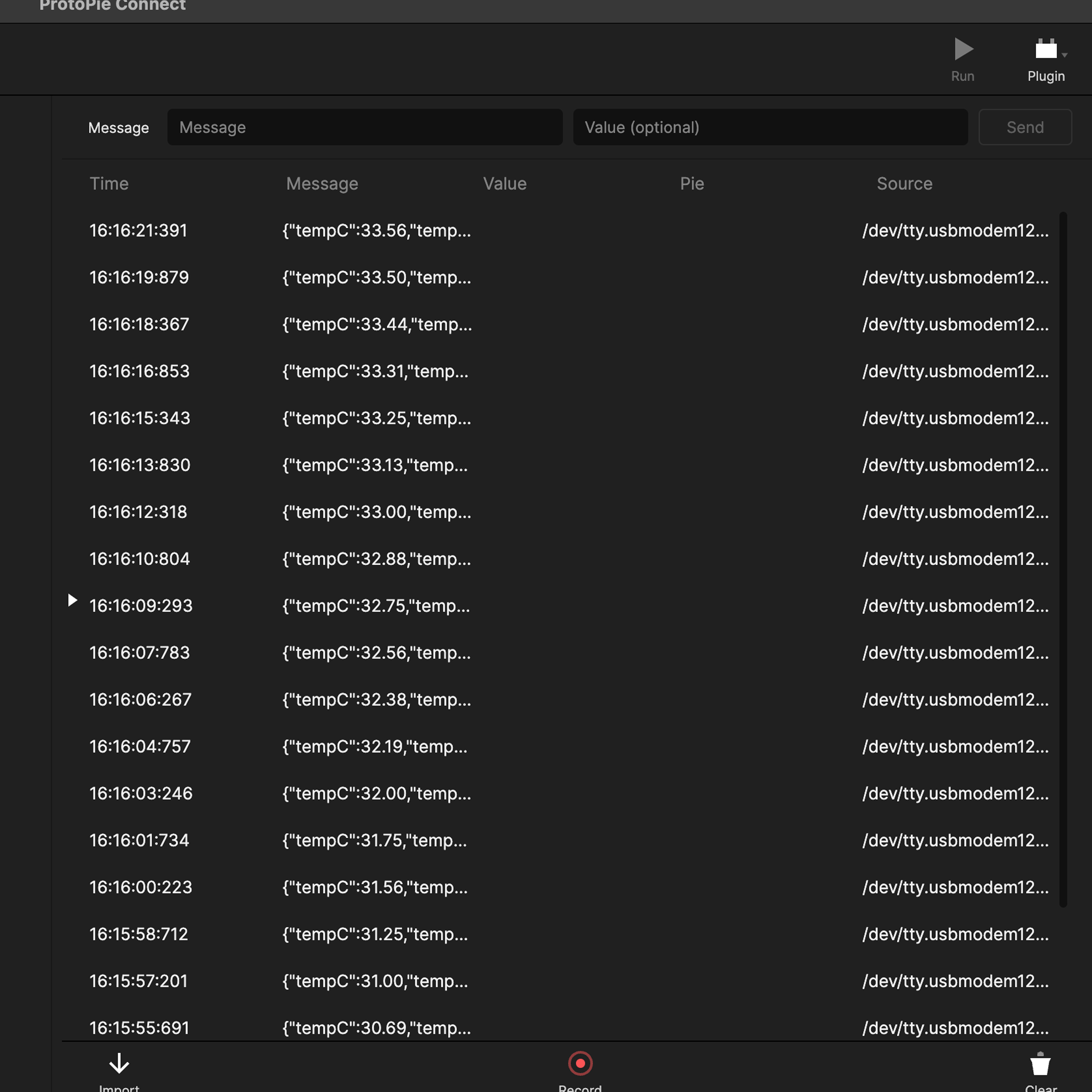 This is an image of our sensor readings being sent to ProtoPie connect via the Arduino plugin.