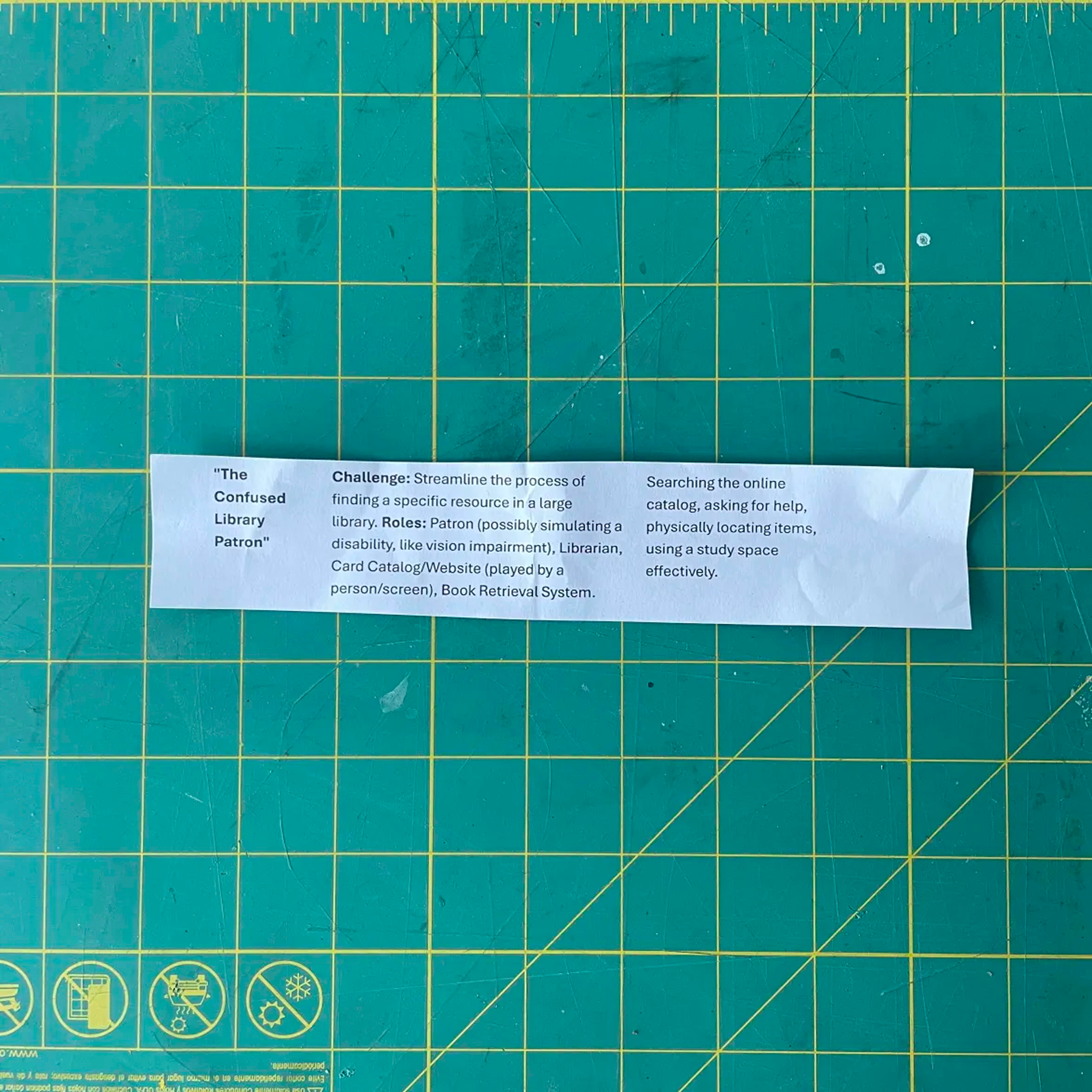 For our bodystorming activity we were given the prompt to streamline the experience of finding a specific resource in a large library. Additionally the prompt mentions that the patron could possibly be simulating a dissabilitty like vision impairment or limited mobility.